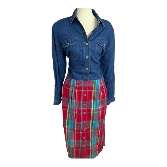Vintage Red Plaid Denim Long Sleeve Maxi Dress Country Southern Preppy Modest - Picture 4 of 14